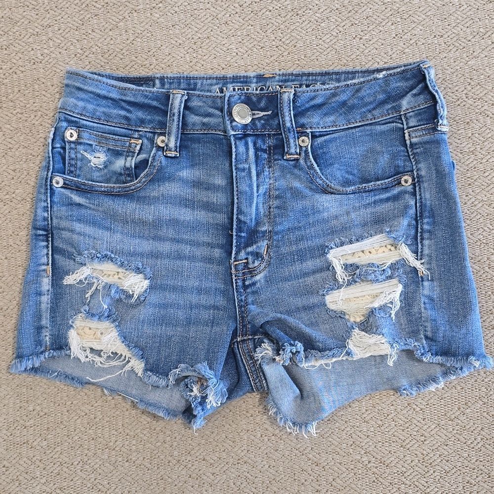 American Eagle Distressed Crochet Pocket High Rise Stretch Jean Shorts - Size 2